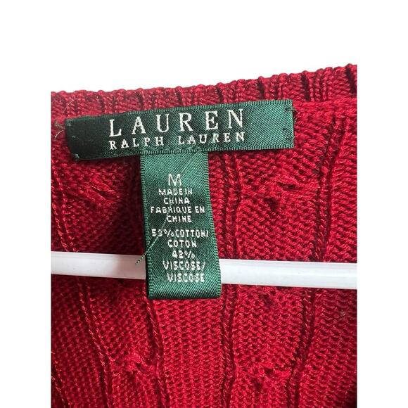 Lauren Ralph Lauren Cable Knit Sweater Medium Dark Red V-Neck - Picture 3 of 6